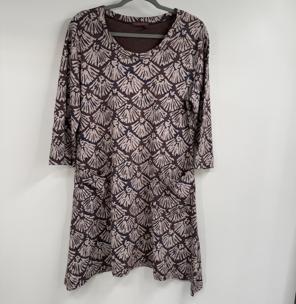 Fresh Produce Tunic Dress Womens L Brown Fan Shell Print Cotton Pockets